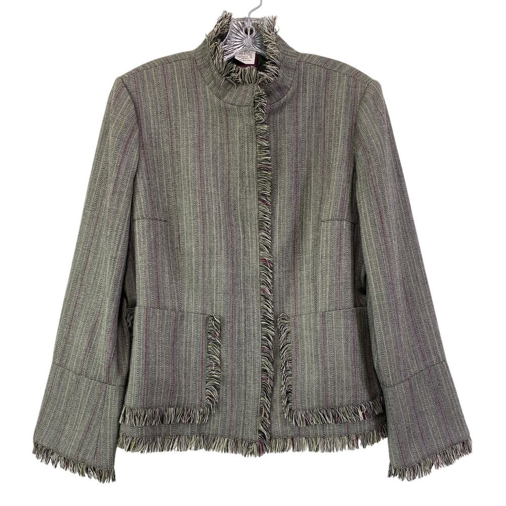 Harve Bernard Wool‎ Pinstripe Fringe Blazer Jacket Size 12 Girl Boss Corpcore